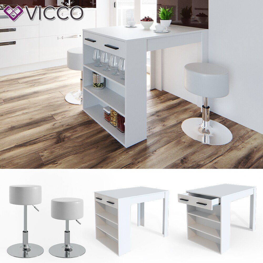 Vicco Bartisch Esstisch Tisch Bistrotisch Essplatz Schublade Regal Bar Weiß inkl. Barhocker | 04251421943902
