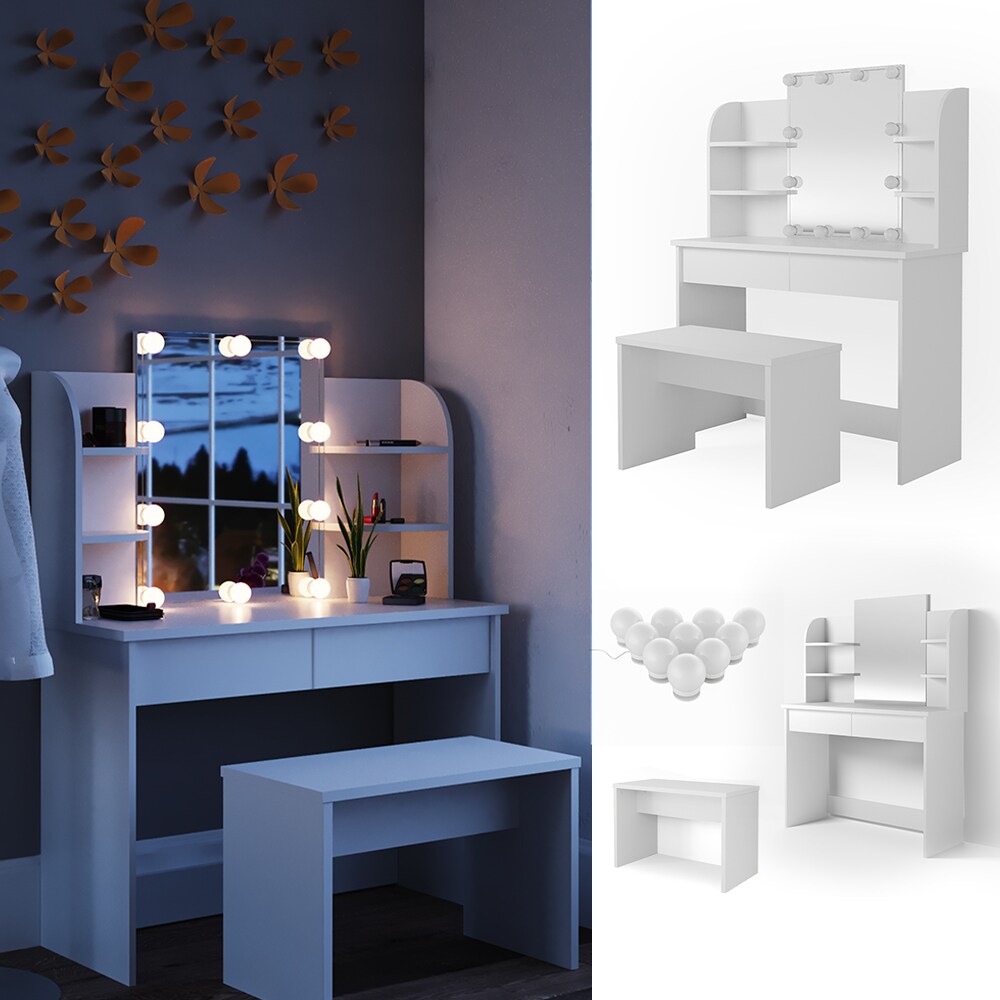 Vicco Schminktisch Charlotte Frisiertisch Frisierkommode Kosmetiktisch Wei&szlig; mit Bank und LED-Lichterkette - Bild 1