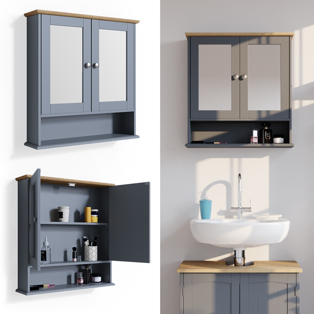 Vicco Wandspiegel Bianco Grau Badspiegel mit Ablage 2 T&uuml;ren 58x56cm H&auml;ngespiegel Spiegel f&uuml;r Badezimmer im Landhausstil - Bild 1