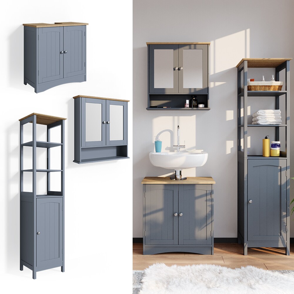 Vicco 3er Badmöbel Set Bianco Grau Spiegelschrank Waschtischunterschrank Hochschrank Badezimmermöbel Set im Landhausstil