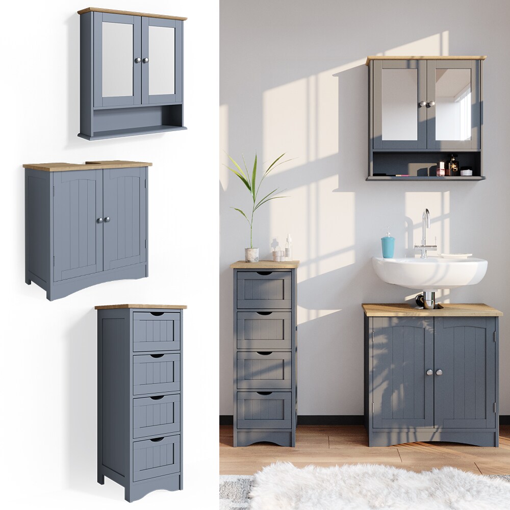 Vicco 3er Badmöbel Set Bianco Grau Spiegelschrank Waschtischunterschrank Badschrank Badezimmermöbel Set im Landhausstil