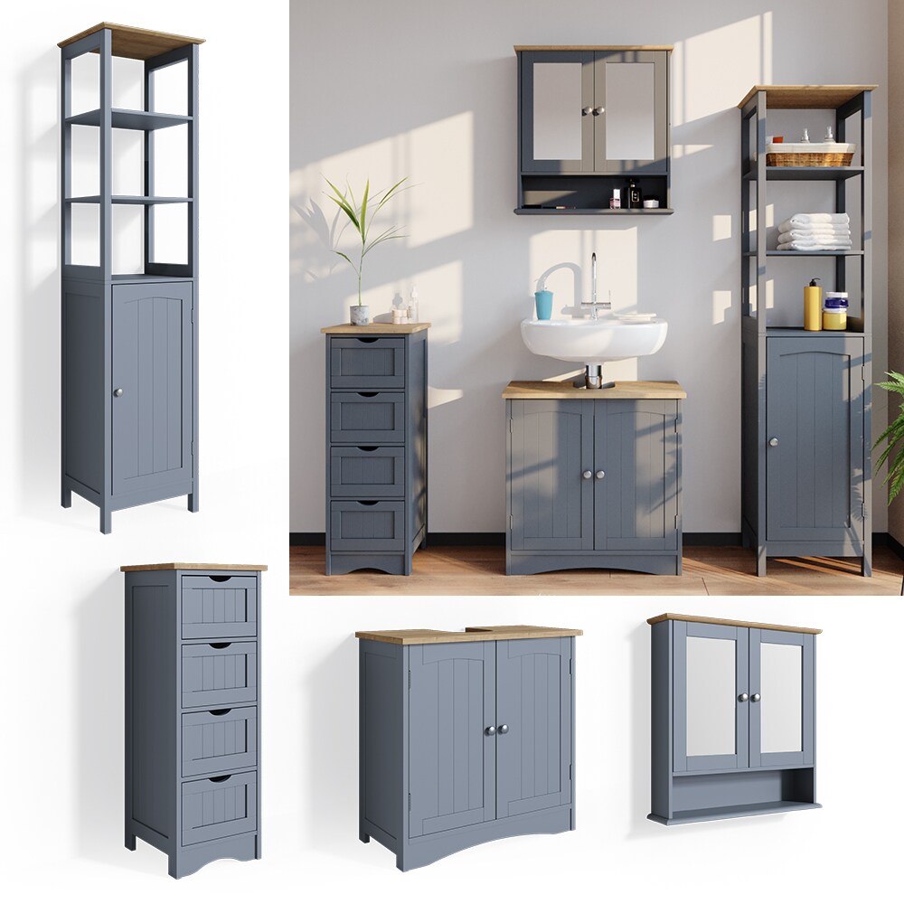 Vicco 4er Badmöbel Set Bianco Grau Spiegelschrank Unterschrank Hochschrank Badschrank Set im Landhausstil