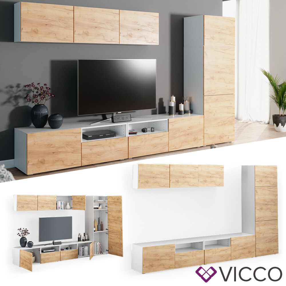VICCO Wohnwand 7er Set COMPO Lowboard Sideboard Schrank Regal wei&szlig; Eiche - Bild 1