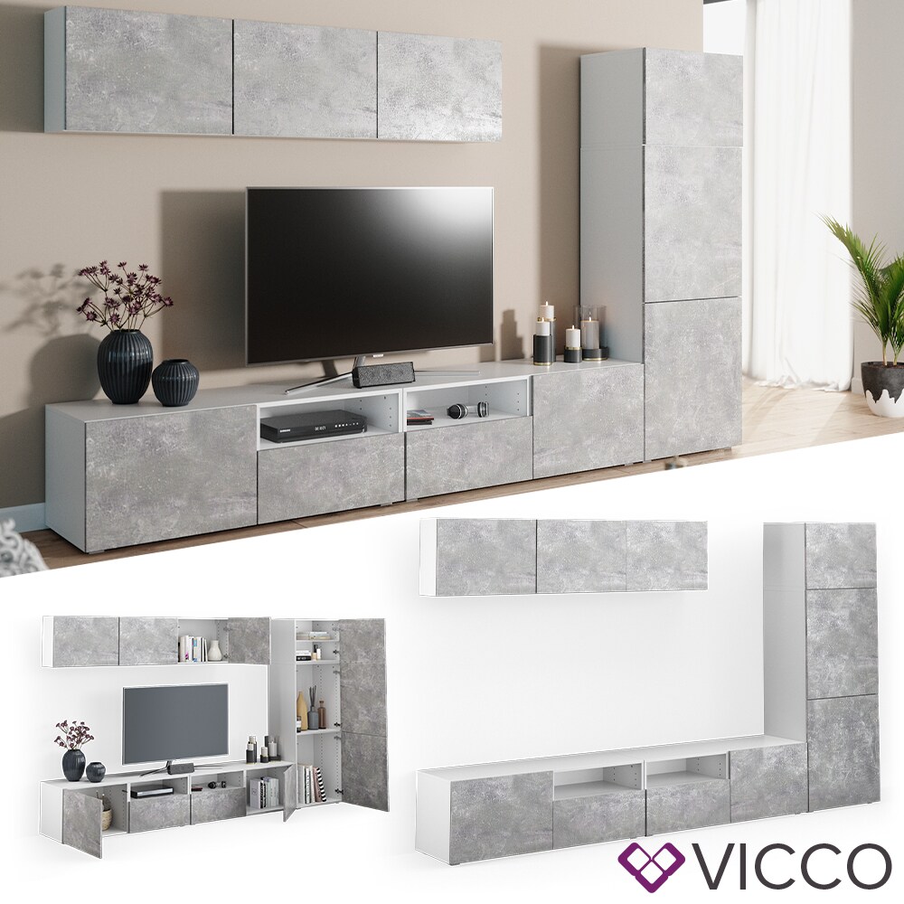 VICCO Wohnwand 7er Set COMPO Lowboard Sideboard Schrank Regal wei&szlig; Beton - Bild 1