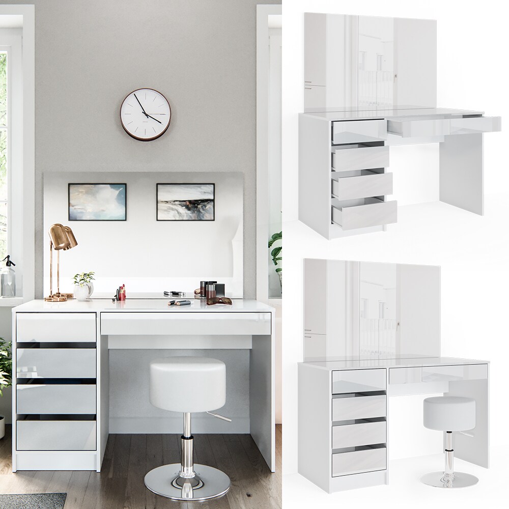 Vicco Schminktisch Sherry weiß Spiegel Hocker Frisiertisch Kommode 5 Schubladen