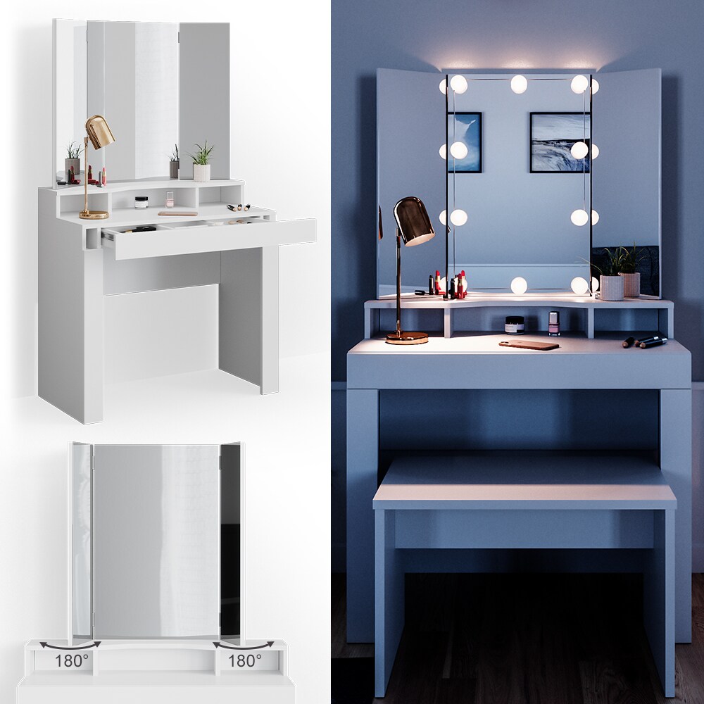 Vicco Schminktisch Nora wei&szlig; mit LED-Beleuchtung Spiegel Sitzbank Frisiertisch - Bild 1