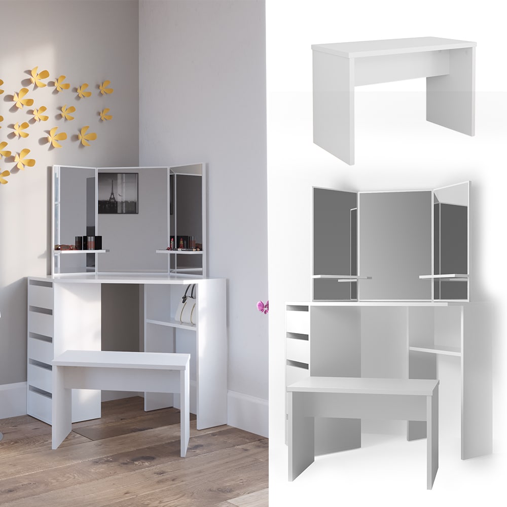 Vicco Eckschminktisch Arielle Kosmetiktisch Frisiertisch Schminktisch Wei&szlig; inklusive Sitzbank - Bild 1