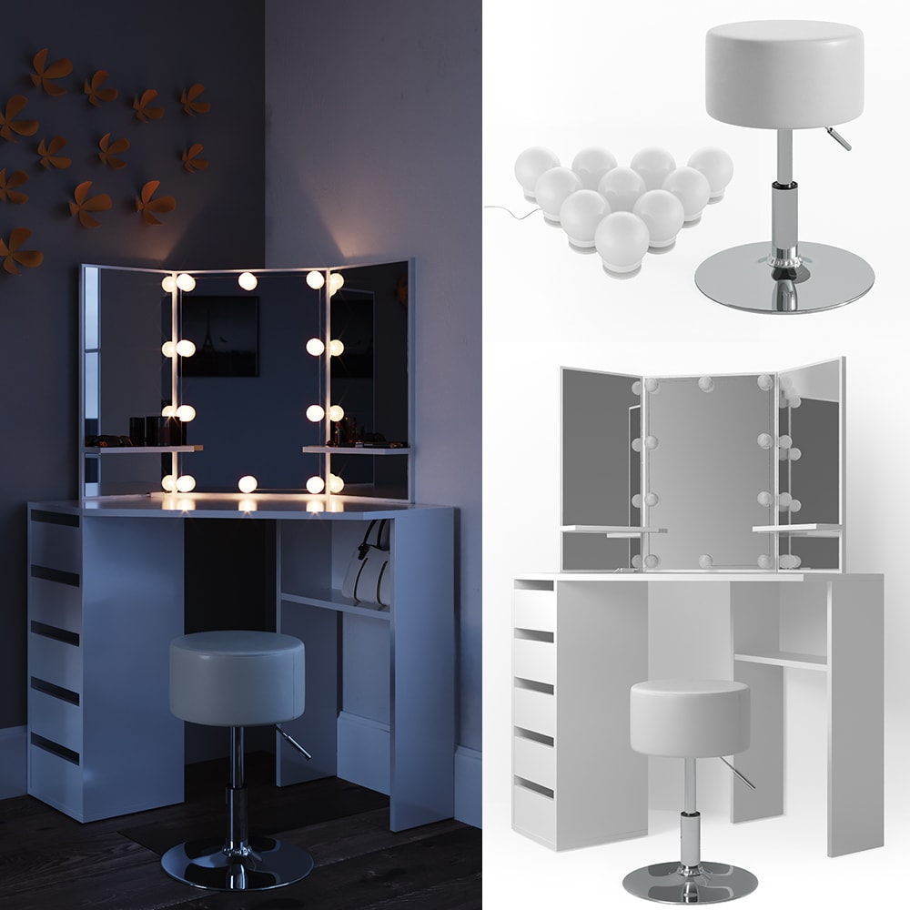 Vicco Eckschminktisch Arielle Kosmetiktisch Frisiertisch Schminktisch Weiß inklusive Sitzhocker und LED-Lichterkette | 04251421924253