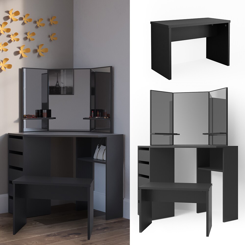Vicco Eckschminktisch Arielle Frisiertisch Kommode Frisierkommode Spiegel Schwarz inklusive Bank - Bild 1