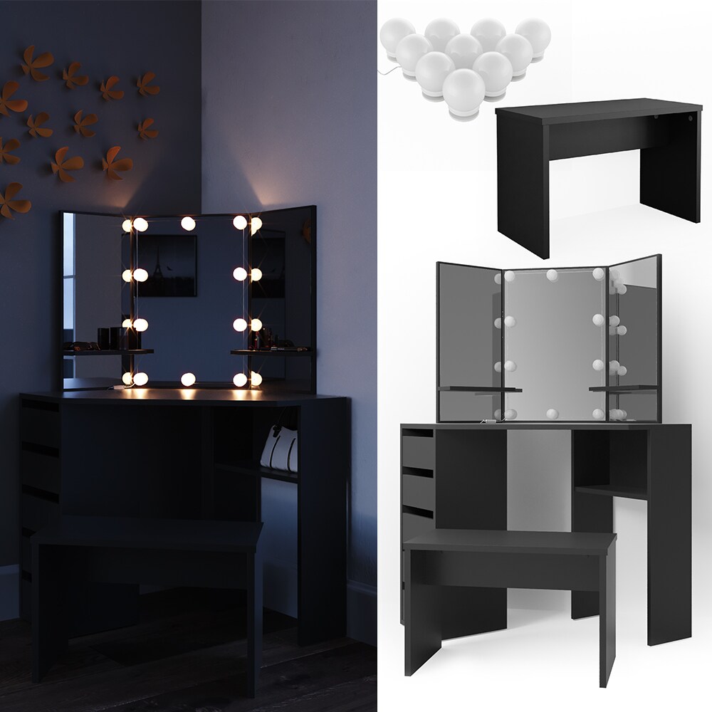 Vicco Eckschminktisch Arielle Frisiertisch Kommode Frisierkommode Spiegel Schwarz inklusive Bank und LED-Lichterkette - Bild 1