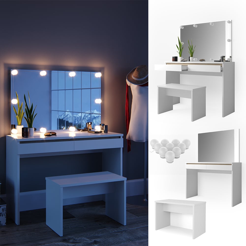 Vicco Schminktisch Emma Frisiertisch Frisierkommode Kommode Wei&szlig; Sonoma inklusive Bank, Spiegel und LED-Lichterkette - Bild 1