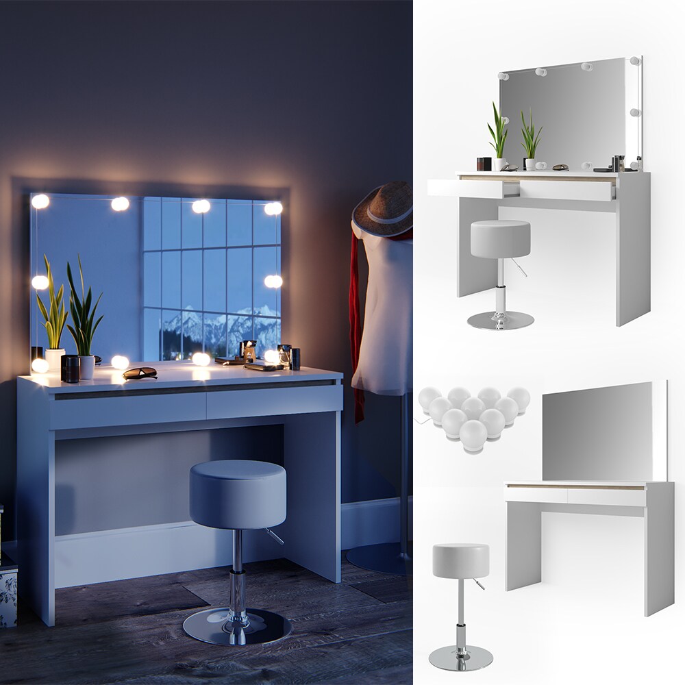 Vicco Schminktisch Emma Frisiertisch Frisierkommode Kommode Wei&szlig; Sonoma inklusive Spiegel, Hocker und LED-Lichterkette - Bild 1
