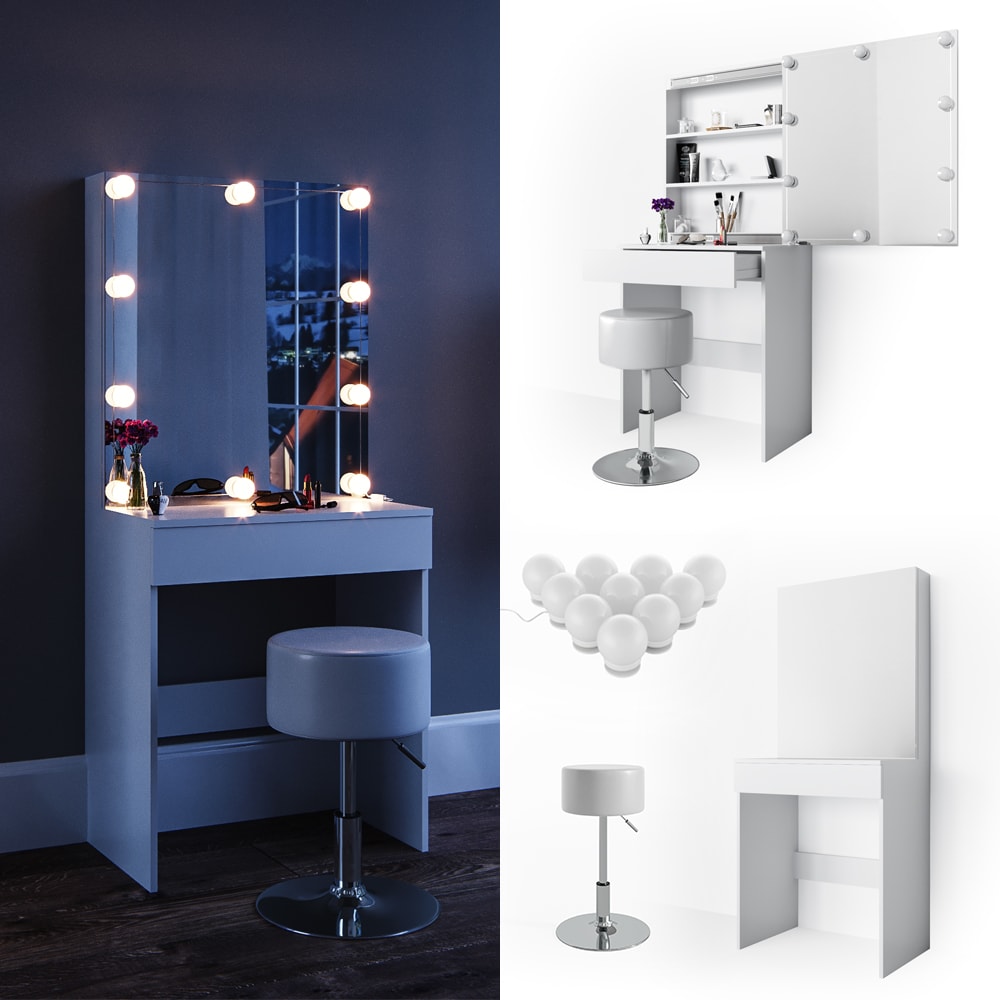 Vicco Schminktisch Melle Frisiertisch Kommode Frisierkommode Spiegel Wei&szlig; inklusive Hocker und LED-Lichterkette - Bild 1