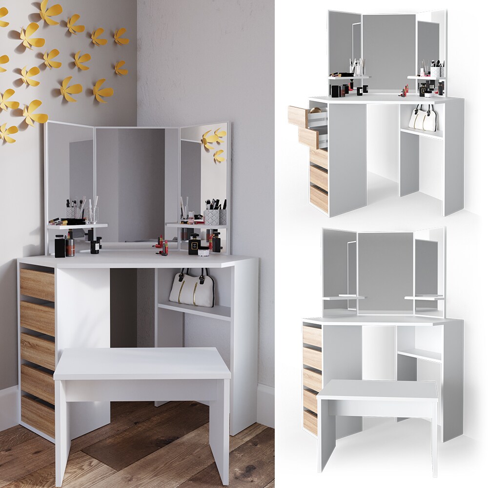 VICCO Eckschminktisch ARIELLE Kosmetiktisch Frisiertisch Wei&szlig; Eiche Kommode Bank - Bild 1
