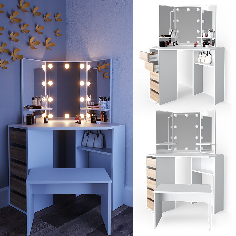 VICCO LED Eckschminktisch ARIELLE Kosmetiktisch Frisiertisch Wei&szlig; Eiche Bank - Bild 1