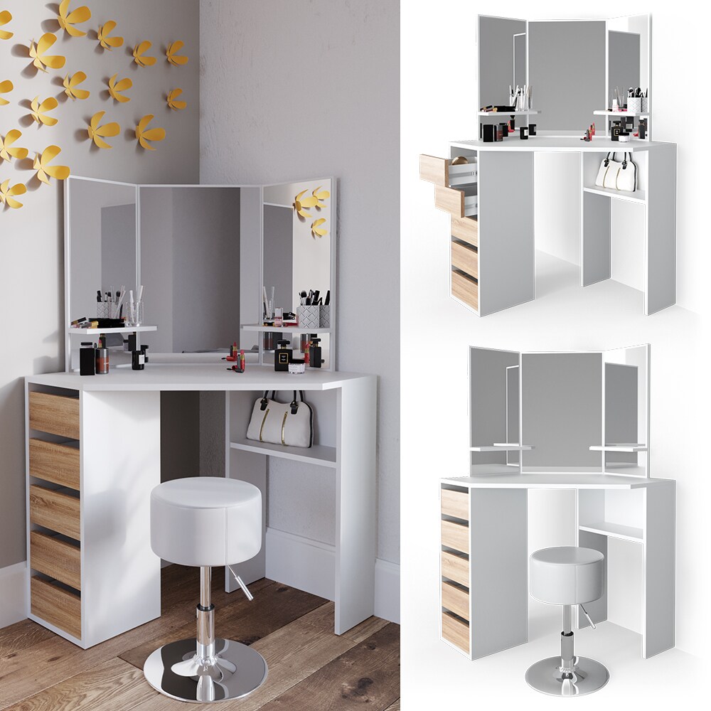 VICCO Eckschminktisch ARIELLE Kosmetiktisch Frisiertisch Wei&szlig; Eiche Hocker - Bild 1