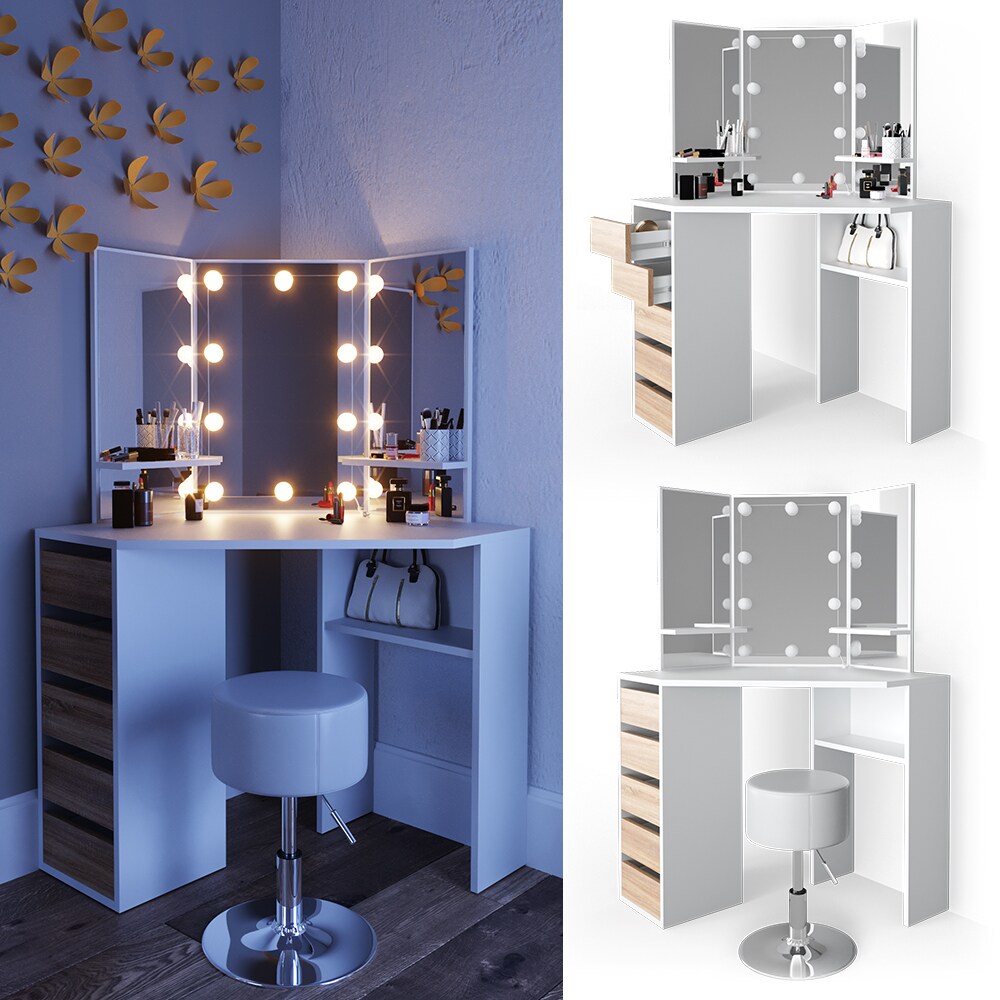 VICCO LED Eckschminktisch ARIELLE Kosmetiktisch Frisiertisch Wei&szlig; Eiche Hocker - Bild 1