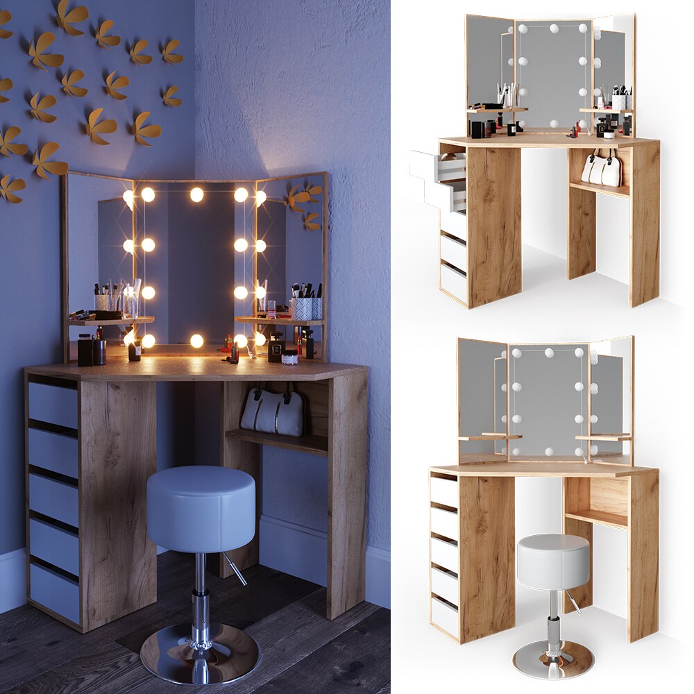 VICCO LED Eckschminktisch ARIELLE Kosmetik Schminktisch Spiegel Eiche Hocker - Bild 1