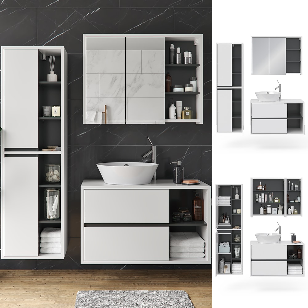 Vicco Badm&ouml;bel Set Viola Wei&szlig; Spiegelschrank Hochschrank Waschtischunterschrank - Bild 1