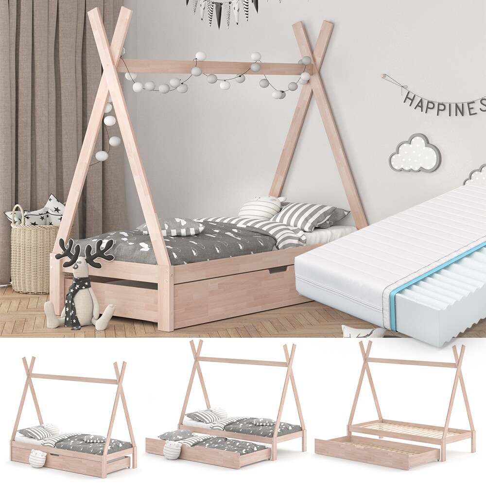 VitaliSpa Kinderbett Tipi Hausbett Natur Bett Kinderhaus Zelt Bett Schublade 90x200cm inklusive Bettschublade und Matratze 90x200 cm - Bild 1