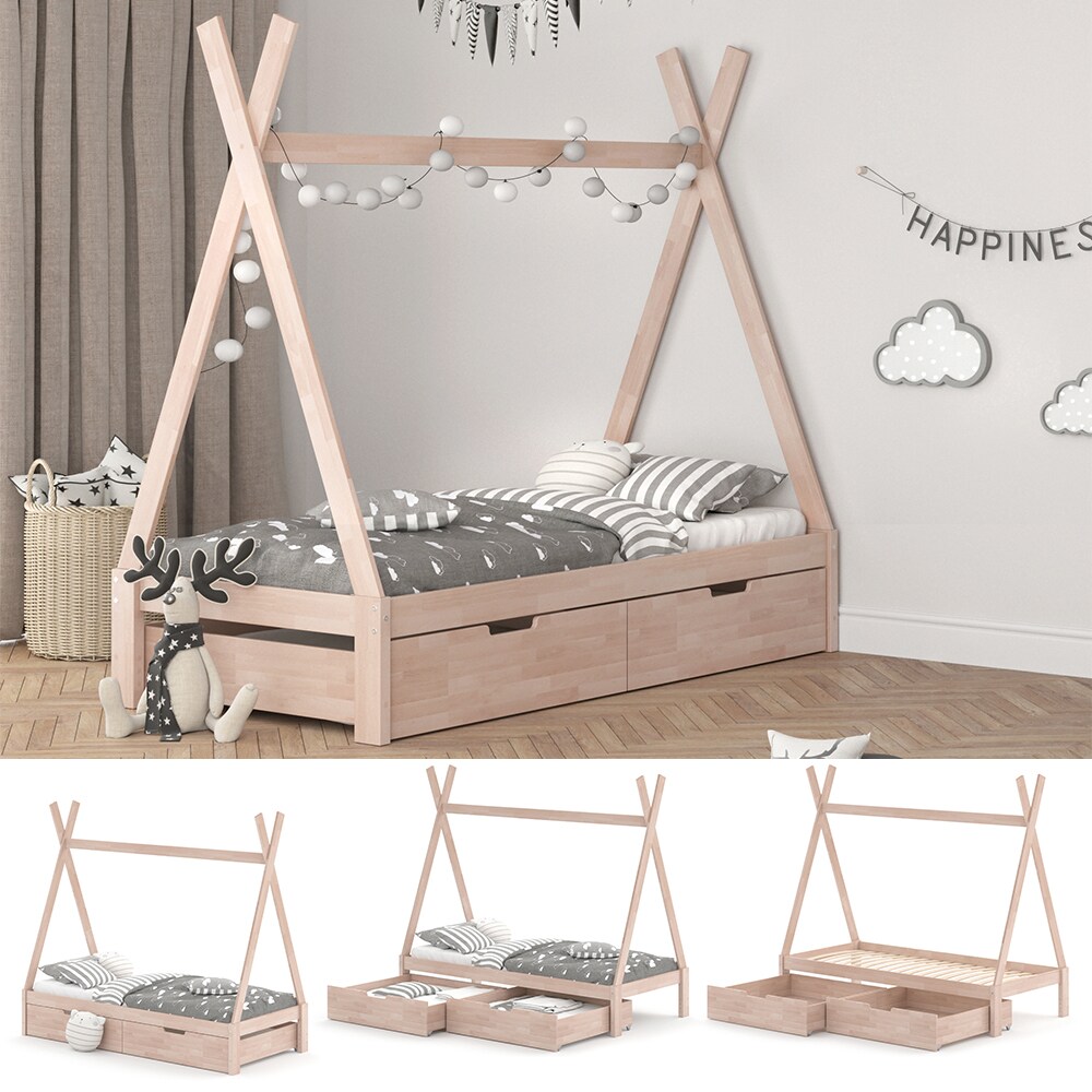 VitaliSpa Kinderbett Tipi Hausbett Natur Bett Kinderhaus Zelt Bett Schublade 90x200cm inklusive Schubladenset - Bild 1