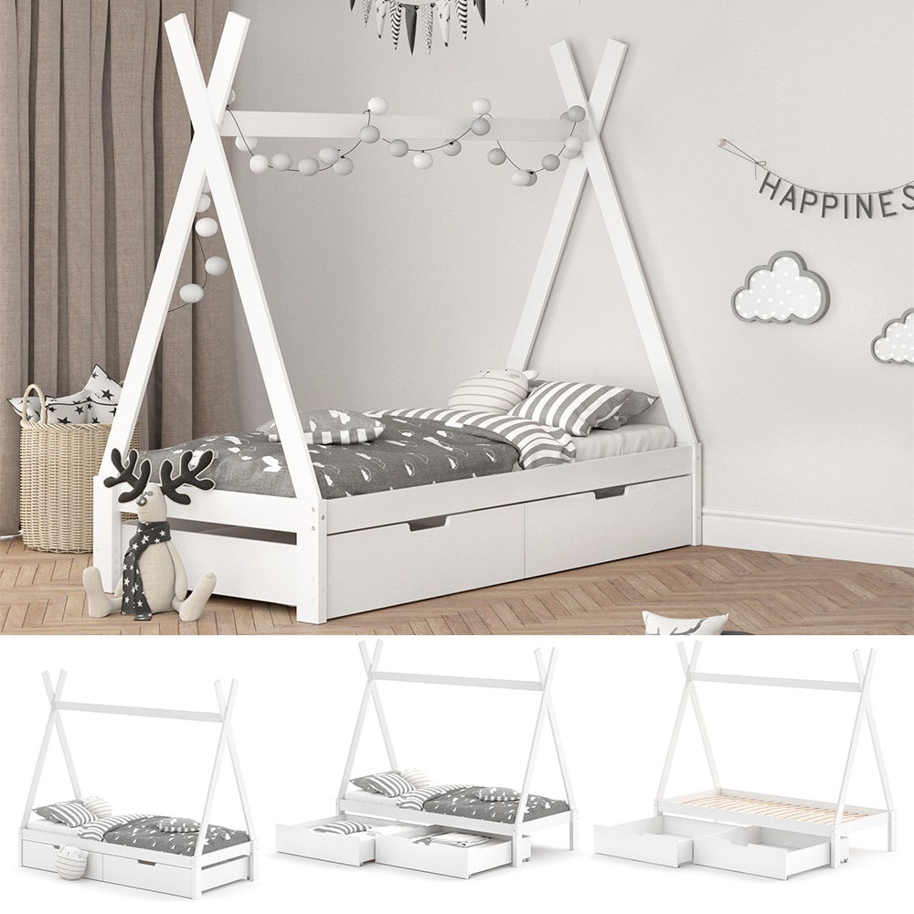 VitaliSpa Kinderbett Tipi Hausbett Wei&szlig; Bett Kinderhaus Zelt Bett Schublade 90x200cm inklusive Schubladenset - Bild 1