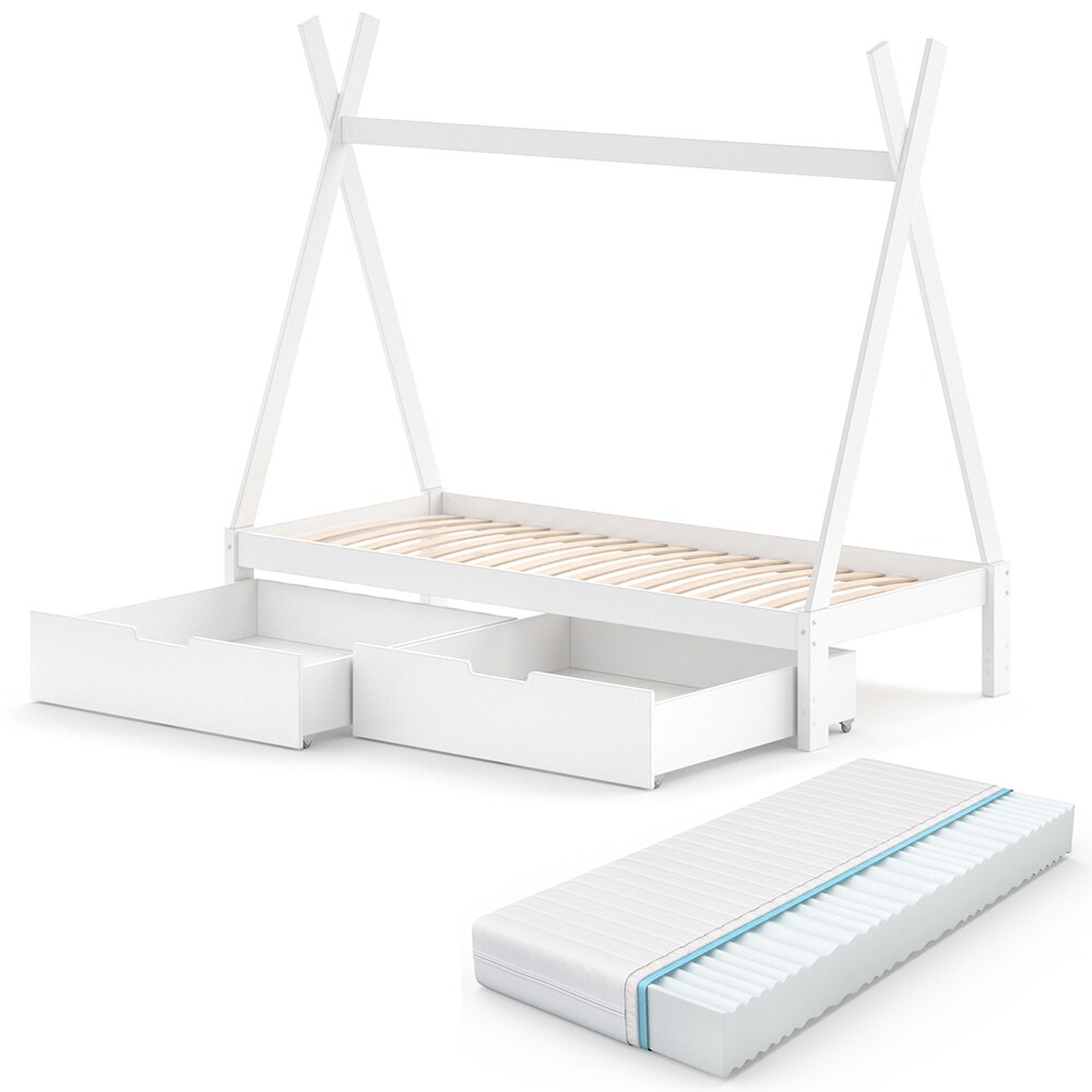 VitaliSpa Kinderbett Tipi Hausbett Wei&szlig; Bett Kinderhaus Zelt Bett Schublade 90x200cm inklusive Schubladenset und Matratze 90x200 cm - Bild 1