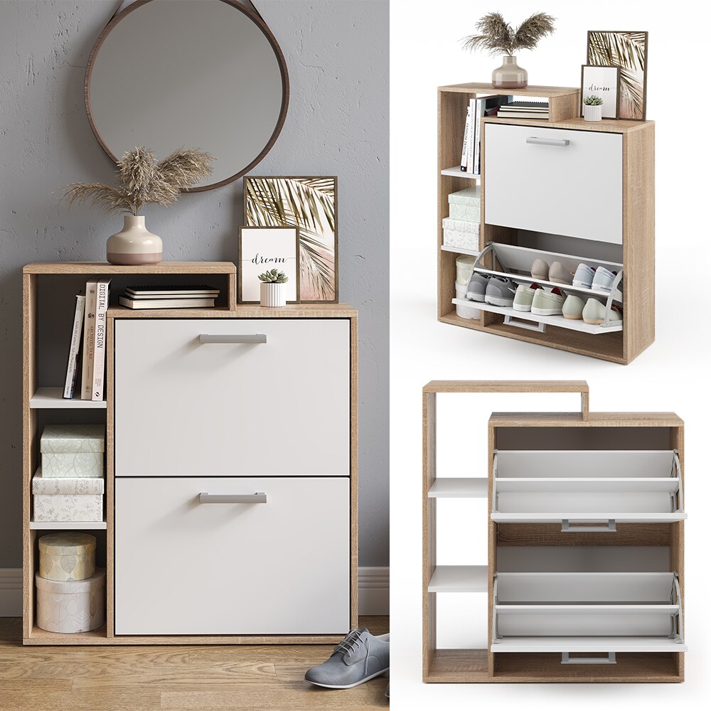 Vicco Schuhkipper Orlando 2 F&auml;cher Wei&szlig;-Sonoma - Schuhregal Schuhschrank Schrank Kommode Flur Diele Garderobe - Bild 1