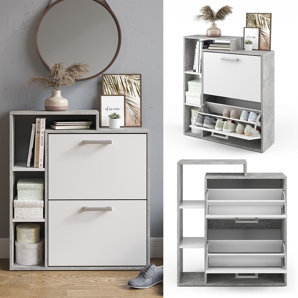 Vicco Schuhkipper Orlando 2 F&auml;cher Wei&szlig;-Beton - Schuhregal Schuhschrank Schrank Kommode Flur Diele Garderobe - Bild 1