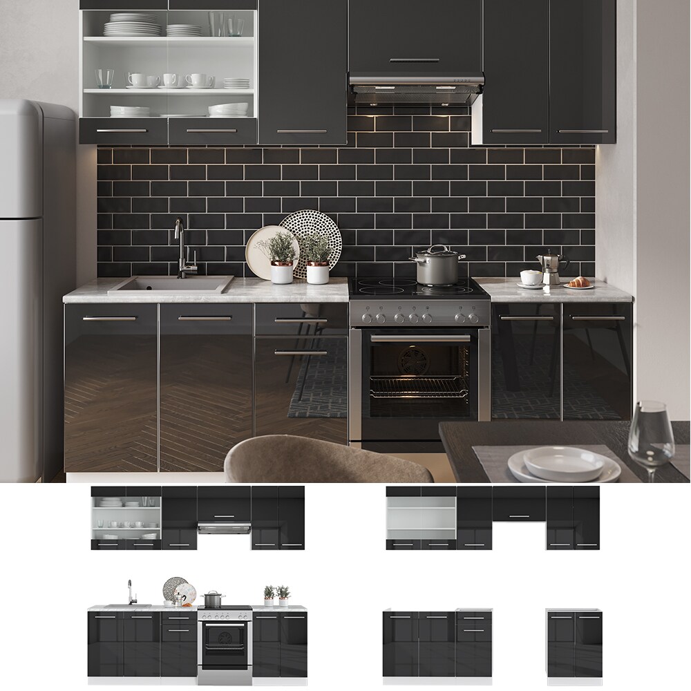 Vicco K&uuml;che FAME-LINE K&uuml;chenzeile Einbauk&uuml;che 240cm Anthrazit Hochglanz - Bild 1