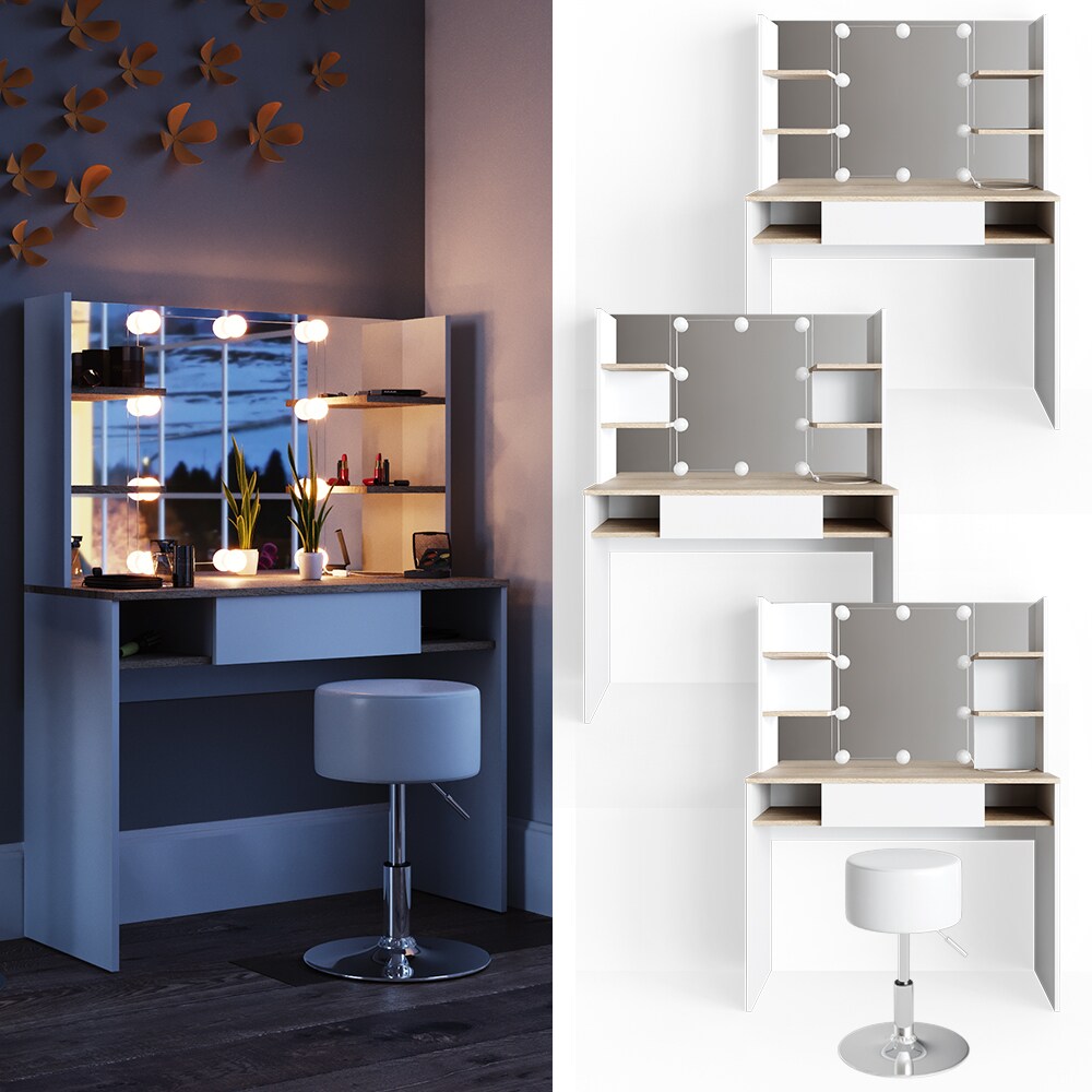 Vicco LED Schminktisch DAENERYS Wei&szlig;-Sonoma Frisiertisch Frisierkommode Spiegel Hocker - Bild 1