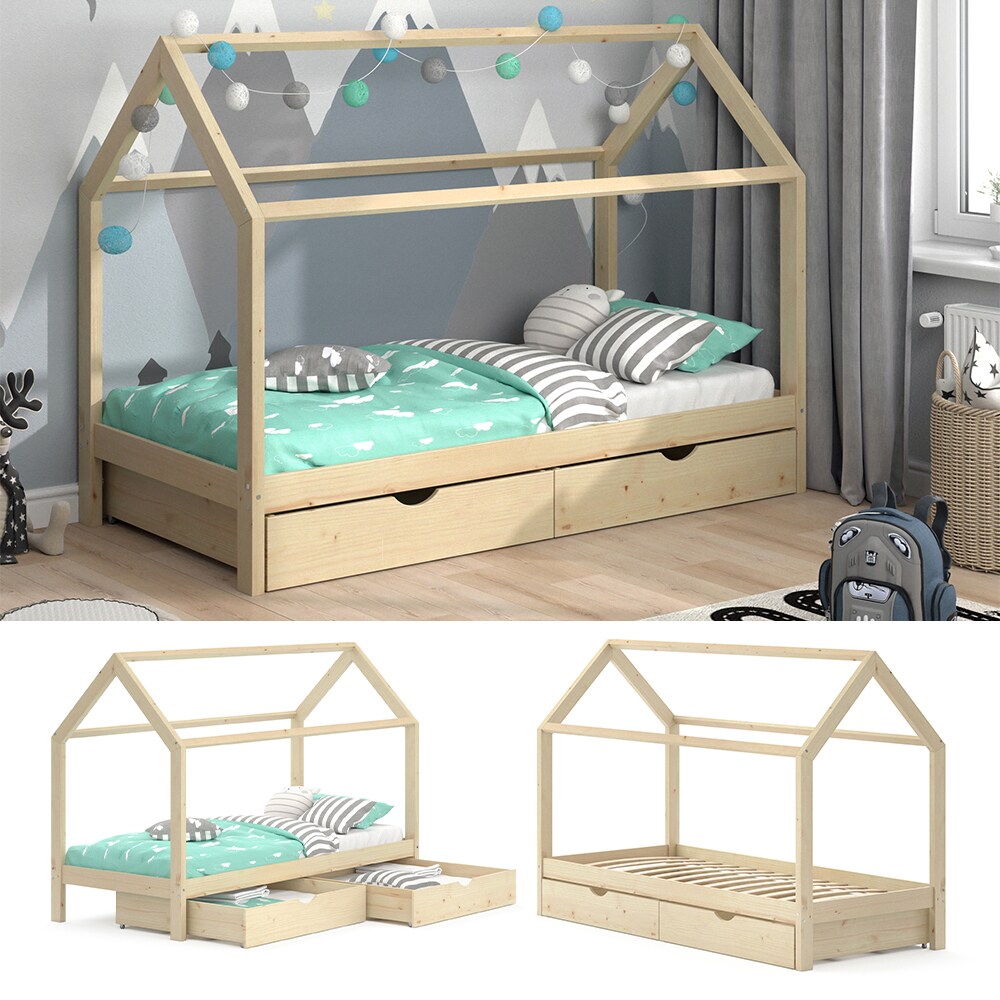 VitaliSpa Kinderbett Hausbett Schubladen Bett Holz Kinderhaus natur 90×200 cm | 04251421922624