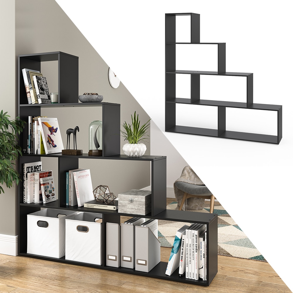 Vicco Treppenregal ASYM Raumteiler schwarz B&uuml;cherregal Standregal Aktenregal Hochregal Aufbewahrung Regal - Bild 1