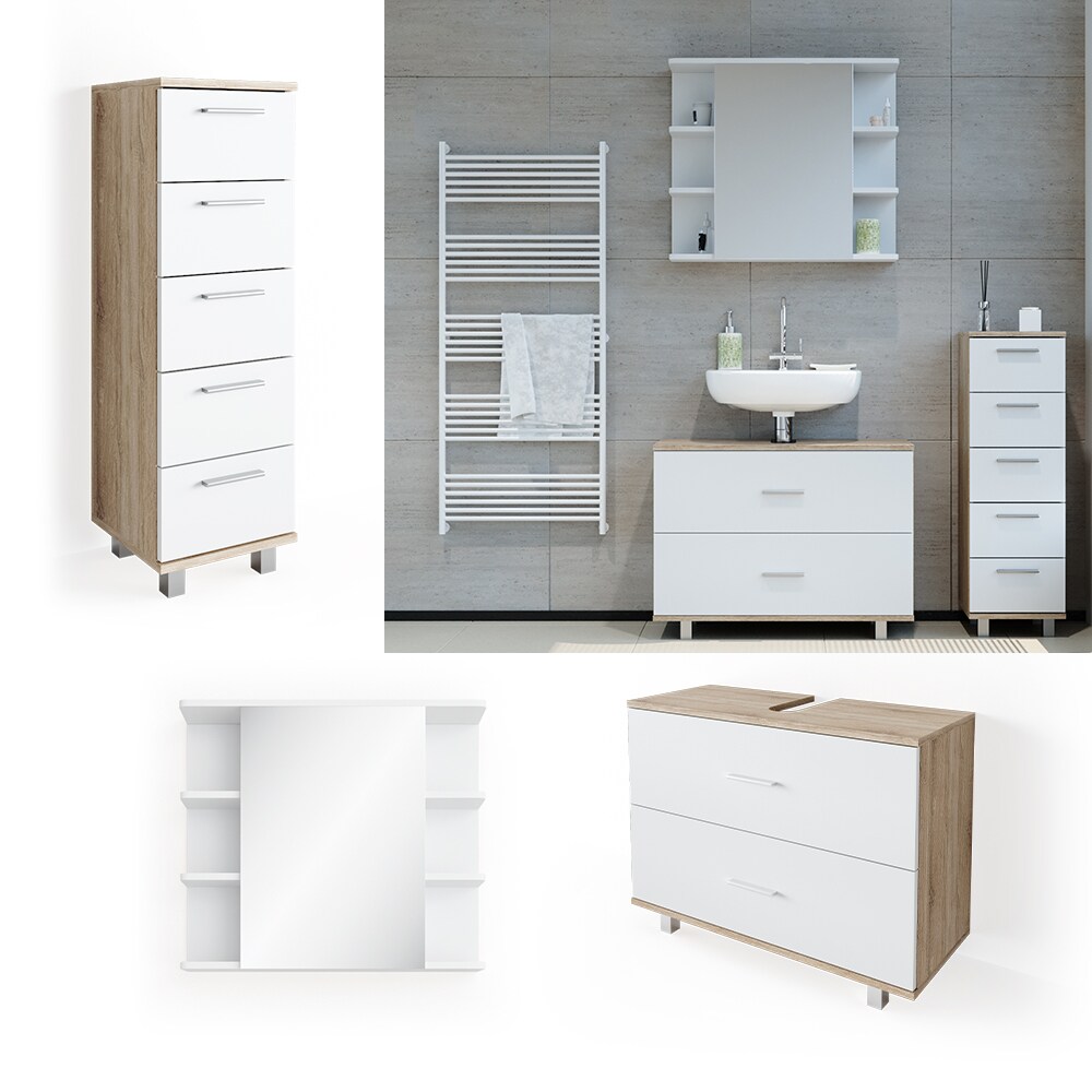 VICCO Badmöbel Set ILIAS Weiß Eiche Spiegel Kommode Unterschrank Badschrank