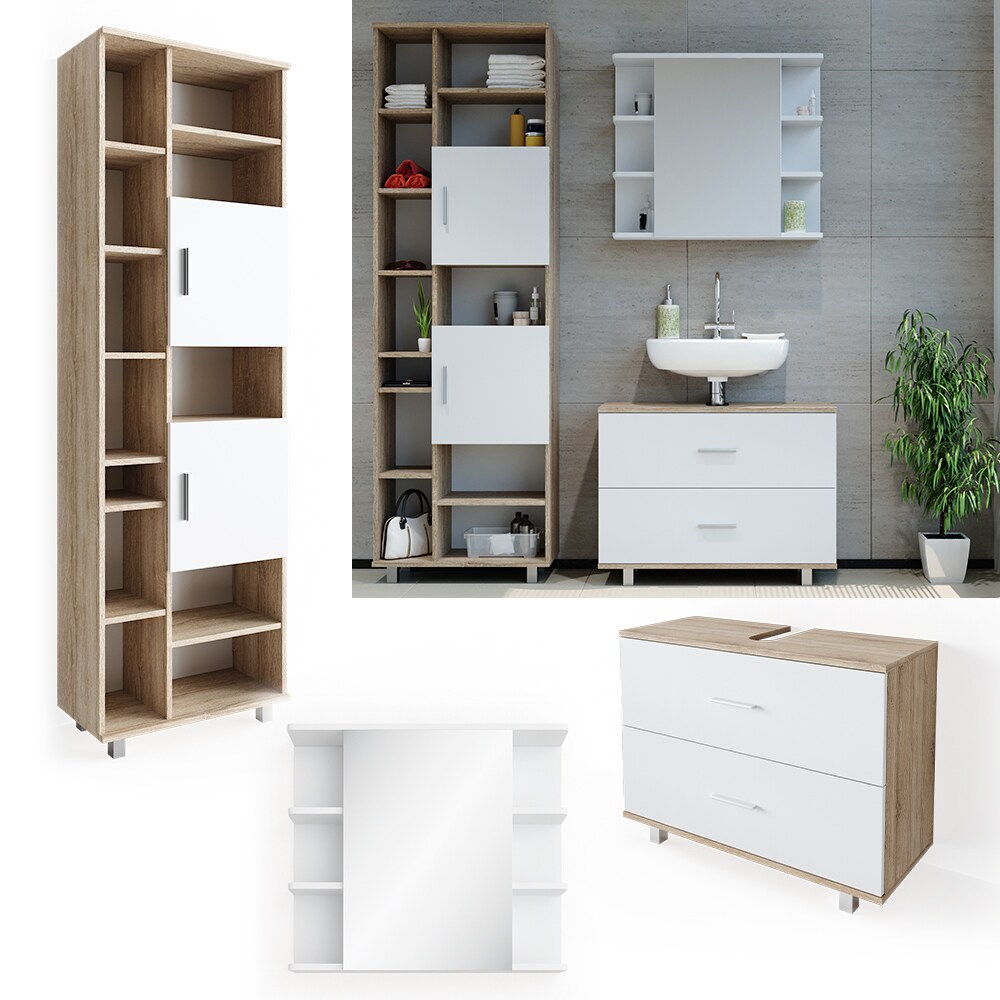 VICCO Badmöbel Set ILIAS Weiß Eiche Spiegel Kommode Unterschrank Badschrank