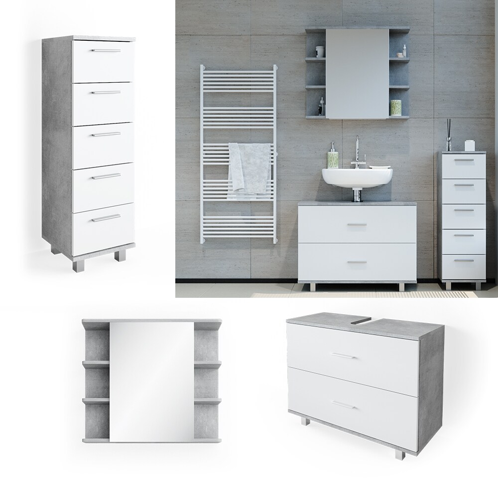 VICCO Badm&ouml;bel Set ILIAS Wei&szlig; Beton Spiegel Kommode Unterschrank Badschrank - Bild 1
