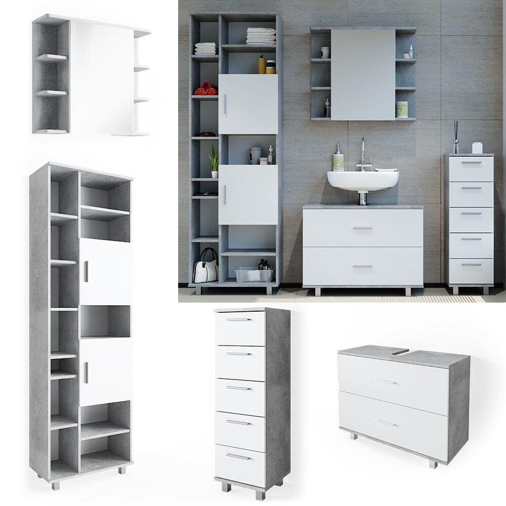 VICCO Badm&ouml;bel Set ILIAS Wei&szlig; Beton Spiegel Kommode Unterschrank Badschrank - Bild 1