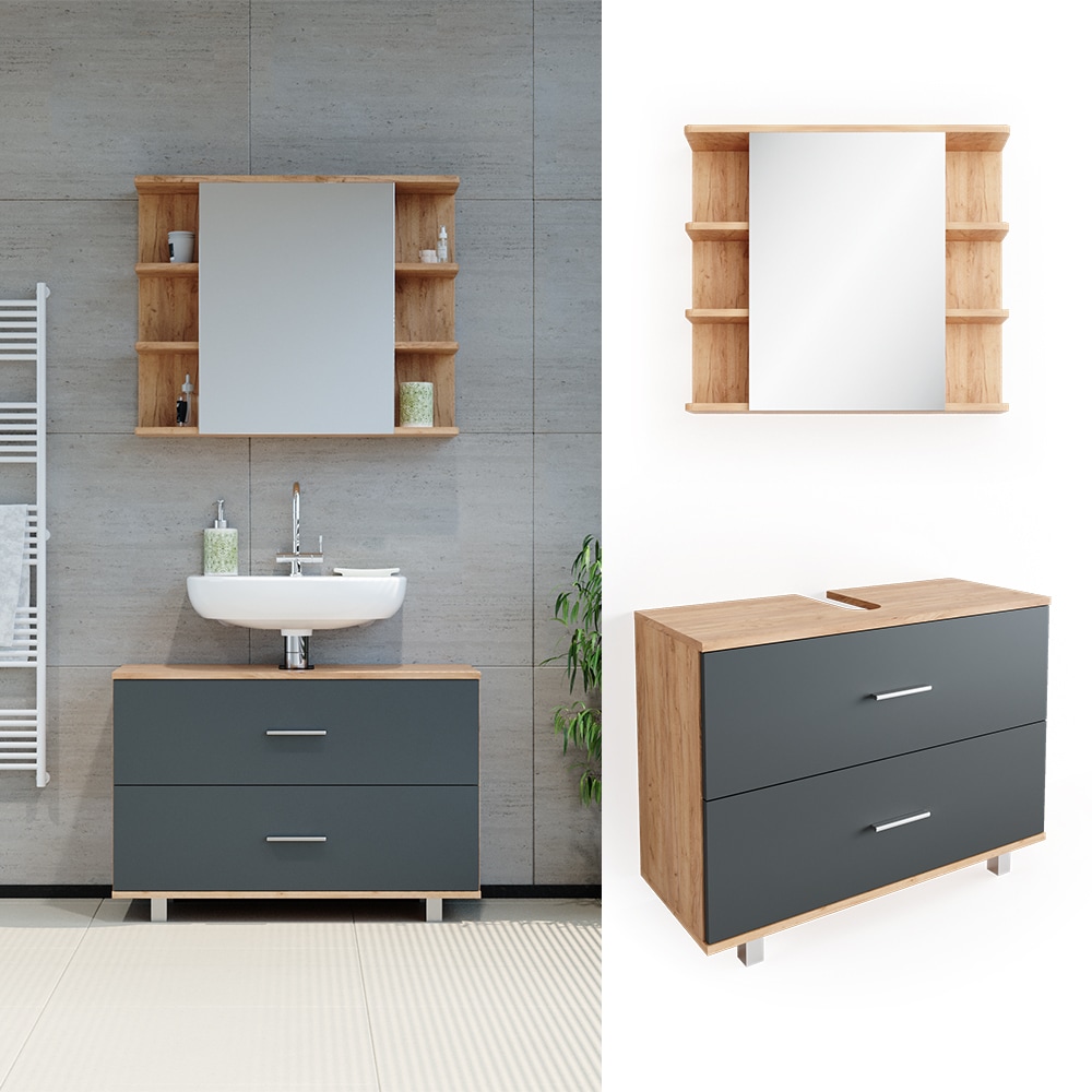 VICCO Badm&ouml;bel Set ILIAS Eiche Anthrazit Bad Spiegel Unterschrank Badschrank - Bild 1