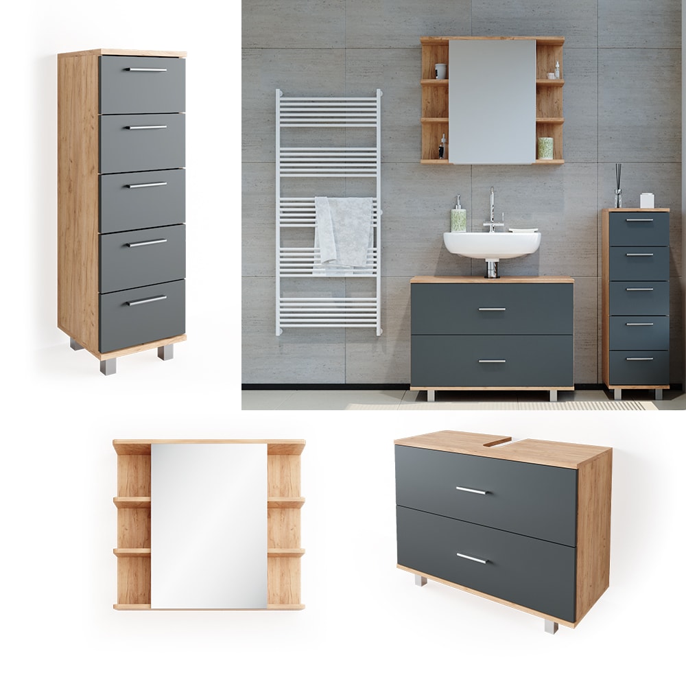 VICCO Badm&ouml;bel Set ILIAS Eiche Anthrazit Spiegel Kommode Unterschrank Badschrank - Bild 1
