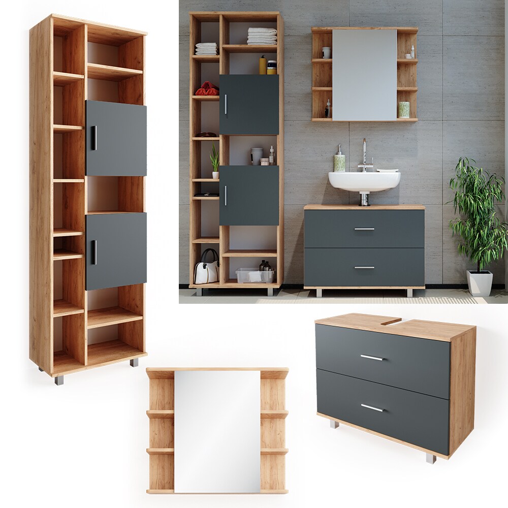 VICCO Badm&ouml;bel Set ILIAS Eiche Anthrazit Spiegel Kommode Unterschrank Badschrank - Bild 1