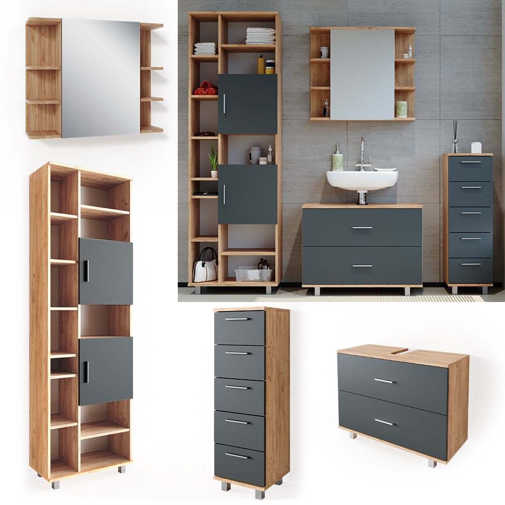 VICCO Badm&ouml;bel Set ILIAS Eiche Anthrazit Spiegel Kommode Unterschrank Badschrank - Bild 1
