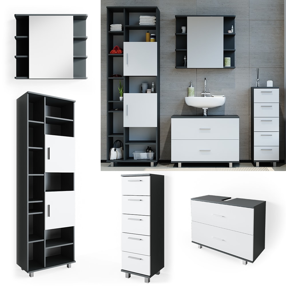 VICCO Badm&ouml;bel Set ILIAS Wei&szlig; Anthrazit Spiegel Kommode Unterschrank Badschrank - Bild 1