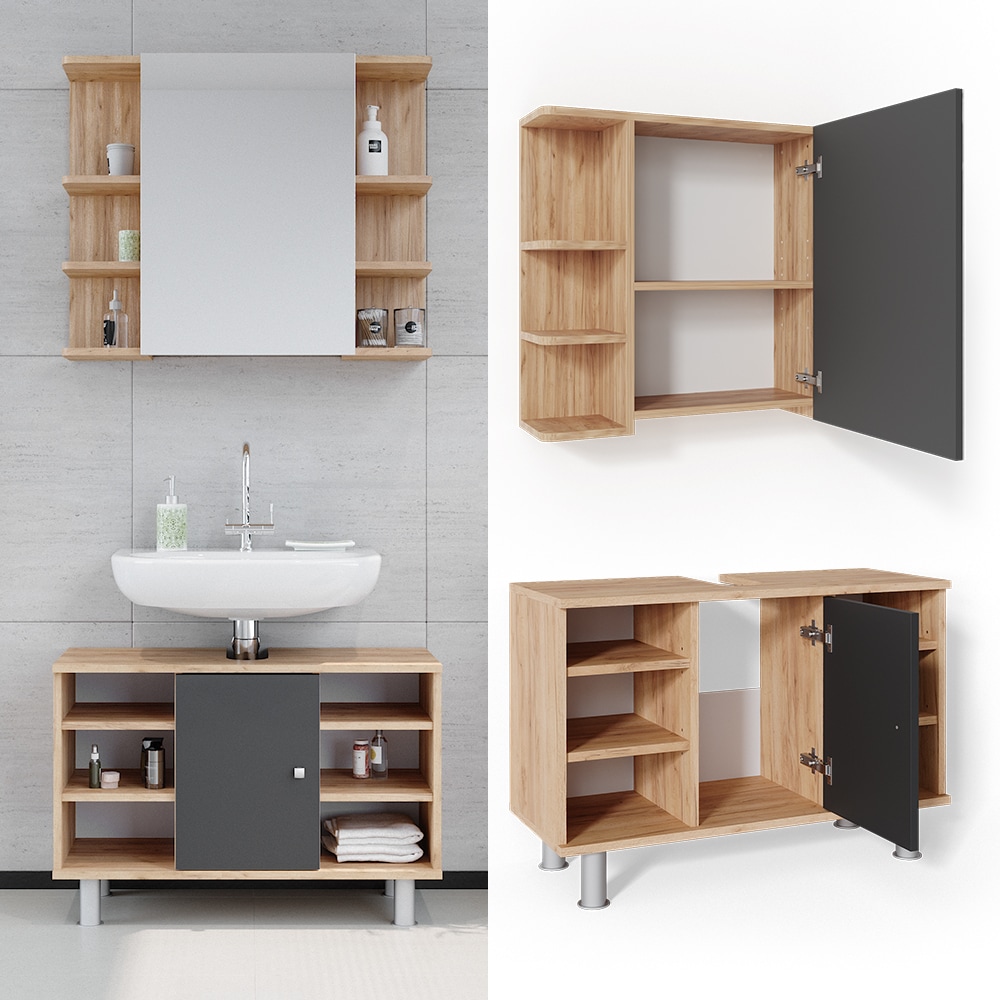 Vicco Badm&ouml;bel Set Badezimmer M&ouml;bel Fynn Spiegelschrank Waschbeckenunterschrank - Bild 1