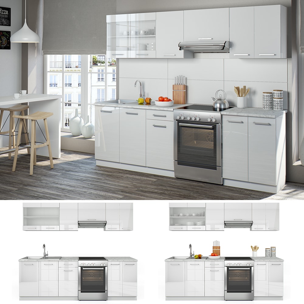 Vicco K&uuml;che Raul K&uuml;chenzeile K&uuml;chenblock Einbauk&uuml;che 240 cm  Wei&szlig; Hochglanz - Bild 1