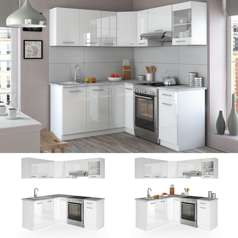 Vicco Küche Küchenzeile L-Form Küchenblock Einbauküche Komplettküche 167x187cm Weiß HGL | 04260486839624