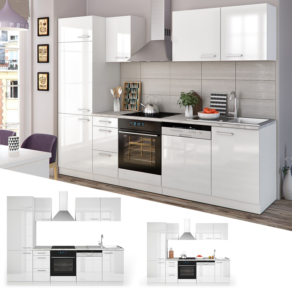 Vicco K&uuml;che 270 cm K&uuml;chenzeile K&uuml;chenblock Einbauk&uuml;che Wei&szlig; Hochglanz - Bild 1