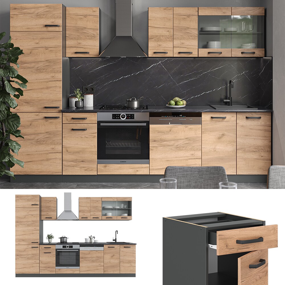 VICCO KÜCHE R-LINE 300 CM KÜCHENZEILE KÜCHENBLOCK EINBAUKÜCHE ANTHRAZIT EICHE