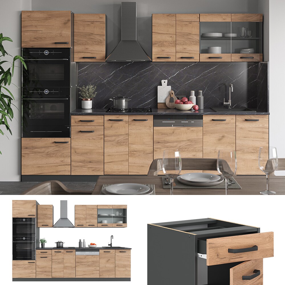 VICCO K&Uuml;CHE R-LINE 300 CM K&Uuml;CHENZEILE K&Uuml;CHENBLOCK EINBAUK&Uuml;CHE ANTHRAZIT EICHE - Bild 1