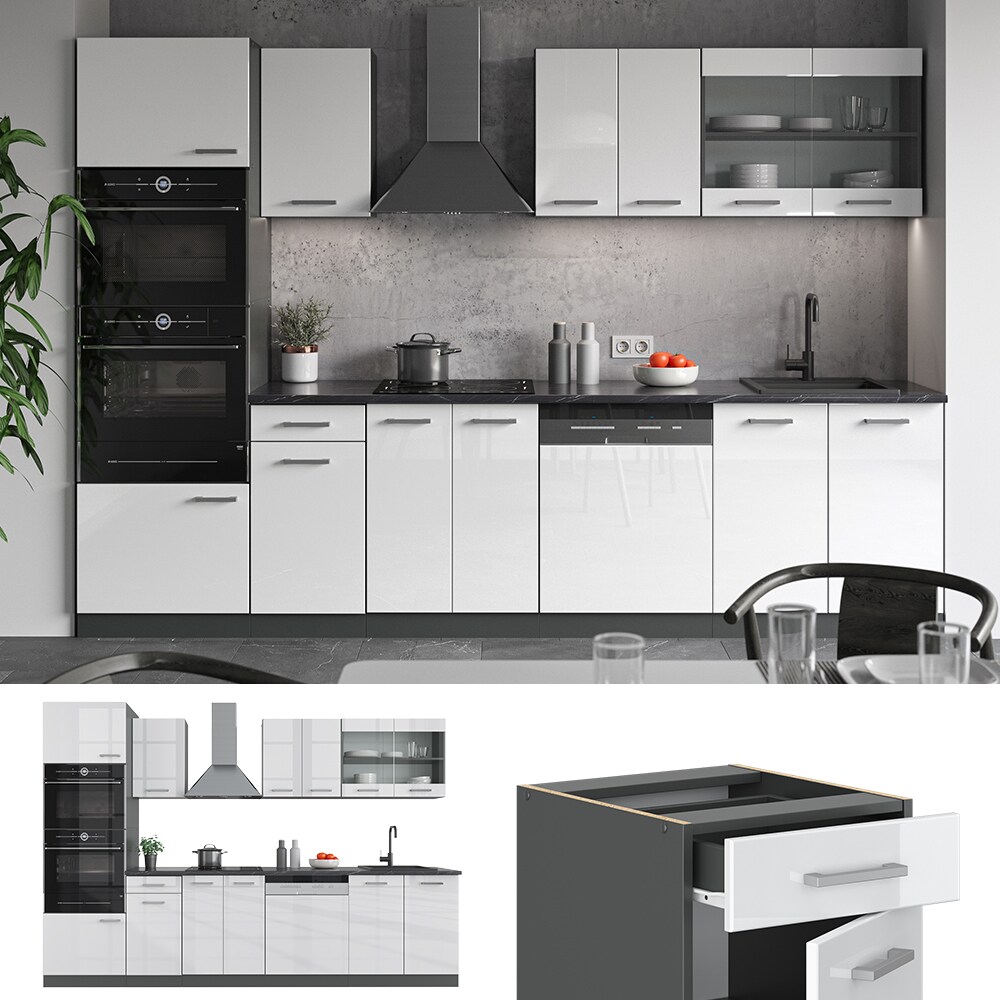 VICCO KÜCHE R-LINE 300 CM KÜCHENZEILE KÜCHENBLOCK EINBAUKÜCHE ANTHRAZIT WEISS HOCHGLANZ