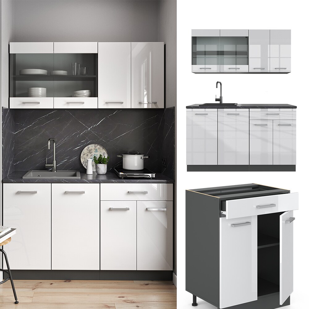 VICCO K&uuml;chenzeile R-LINE SINGLE Einbauk&uuml;che 140 cm K&uuml;che K&uuml;chenblock Singlek&uuml;che Anthrazit Wei&szlig; Hochglanz - Bild 1